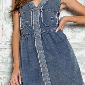 POL Distressed Button-Front Denim Mini Dress - Blue Large